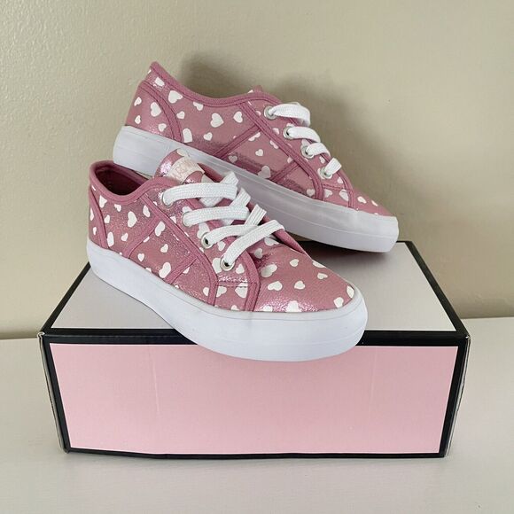 Cynthia Rowley Sneakers Girls Size 1 Kids Shoe Metallic Pink Canvas White Hearts - Picture 1 of 9